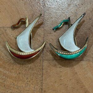 Vintage Ivan Holth Norway Sterling Silver Guilloche Enamel Sailboat Brooch Pins